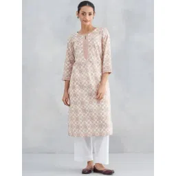 Fabindia Off White & Pink Cotton Regular Fit Printed Kurta-picture-31