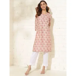 Fabindia Orange Cotton Silk Hand Block Printed Knee Length Kurta-picture-43