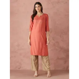Fabindia Orange Viscose Silk Regular Fit Embroidery Kurta-image-39