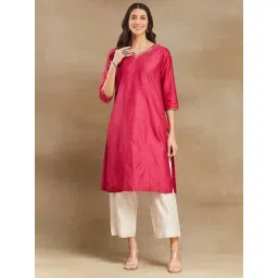 Fabindia Pink Embroidered Straight Kurta-picture-25