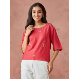 Fabindia Red Cotton Silk Regular Fit Embroidery Top-picture-46