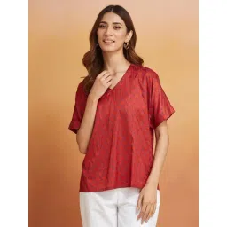 Fabindia Red Regular Fit Geometric Top-picture-41