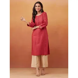 Fabindia Red Viscose Silk Embroidered Knee Length Kurta-picture-12