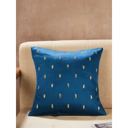 Fabindia Saira Teal & Gold Toned Embroidered Cotton Square Cushion Cover-picture-10