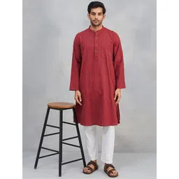 Fabindia Striped Band Collar Pure Cotton Straight Kurta-picture-34