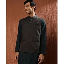 fabindia Striped Nehru Jacket with Welt Pockets-picture-25