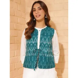 Fabindia Teal Cotton Ikat Woven Jacket-picture-16