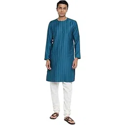 fabindia Teal Viscose Silk Pintucks Slim Fit Long Kurta-picture-42