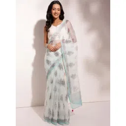 Fabindia Turquoise Cotton Silk Hand Block Printed Sari-picture-28