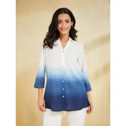 Fabindia White & Blue Cotton Comfort Fit Color-Block Shirt-picture-34