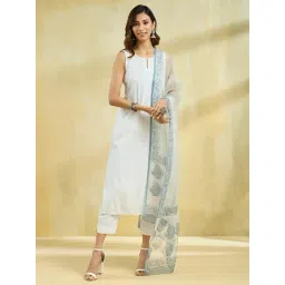 Fabindia White & Blue Cotton Silk Hand Block Printed Dupatta-picture-29