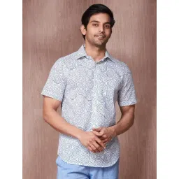 Fabindia White & Blue Cotton Slim Fit Printed Shirt-picture-20