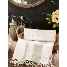 Fabindia White & Green 1 Striped Cotton 125 GSM Bath Towel image 1