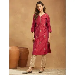 Fabindia Wine Embroidered Three-Quarter Sleeves Kurta-picture-36