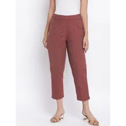 Fabindia Women Rust Textured Slim Fit Easy Wash Trousers-picture-25