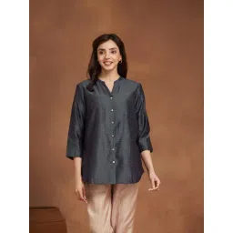 Fabindia Women's Navy Blue Printed Mandarin Collar 3/4th Sleeves Tunic-picture-17