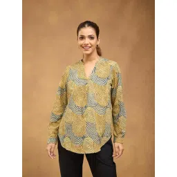 Fabindia Women's Yellow Printed Mandarin Collar Full Sleeves Tunic-picture-42