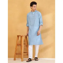 Fabindia Woven Design Band Collar Roll-Up Sleeves Cotton Straight Kurta-picture-21