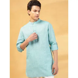 Fabindia Woven Design Band Collar Roll-Up Sleeves Cotton Straight Short Kurta-picture-12