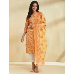 Fabindia Yellow Cotton Regular Fit Floral Print Kurta with Dupatta-picture-32