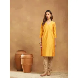 Fabindia Yellow Cotton Silk Knee Length Kurta-picture-20