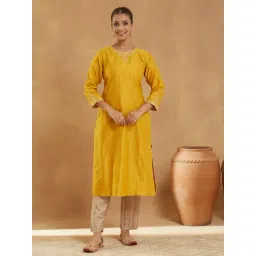 Fabindia Yellow Embroidered Three-Quarter Sleeves Kurta-picture-31