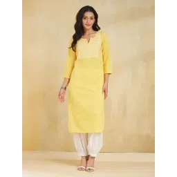 Fabindia Yellow Embroidered Three-Quarter Sleeves Kurta-picture-29
