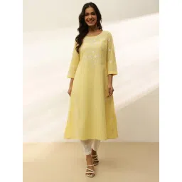 Fabindia Yellow Embroidered Three-Quarter Sleeves Kurta-picture-32