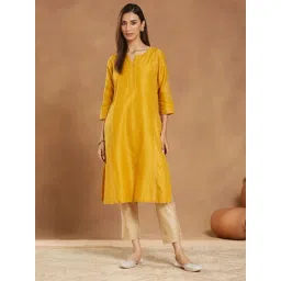 Fabindia Yellow Embroidered Three-Quarter Sleeves Kurta-picture-34