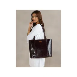 fabindia fashion Fabindia Brown Solid Leather Tote Bag-picture-13