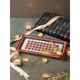 Fabindia Home Falak Blue & Red Ceramic Platter & Tong Set-picture-38