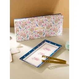 Fabindia Home Luxe White & Blue Ceramic Casted Platter With Tong - Set of 2-picture-18