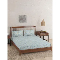 Fabindia Home Teal Cotton 140 TC King Bed Sheet with 2 Pillow Covers-picture-48