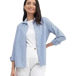 fablestreet Cotton Linen Stripes Shirt - Blue-picture-18