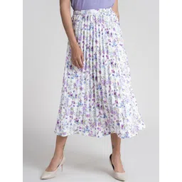 FableStreet White & Purple Floral Printed Cordian Pleated Midi Skirt-picture-12