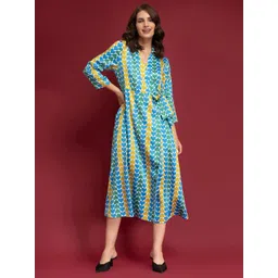 FableStreet Women Blue & Green Satin Formal A-Line Midi Dress-picture-13