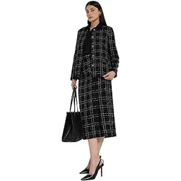 fablestreet Women Formal Blazer & Skirt Set | Checkered Pattern, Round Neck, Full Sleeves, Knee Length Skirt with Side Slit | Bouclé Fabric, Button Closure, Office Wear-picture-56