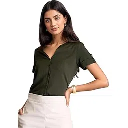 fablestreet Women Formal Top | Asymmetrical Button Placket Band Collar Three-Quarter Sleeves Solid Pattern | Pure Cotton Smooth Fabric for Office & Workwear | Lavender-picture-12