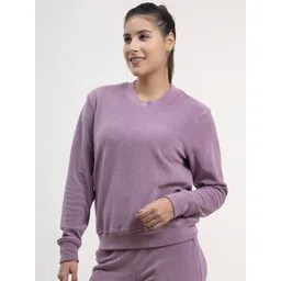 FableStreet Women Lavender Solid Fleece Round Neck Sweatshirt-picture-22