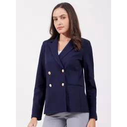 FableStreet Women Navy Blue Lapel Collar Long Sleeves Tailored Jacket-picture-16