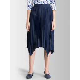 FableStreet Women Navy Blue Solid Asymmetric Accordion Pleated Skirt-picture-31