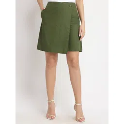 FableStreet Women Olive Pure Cotton Mini Skorts-picture-13