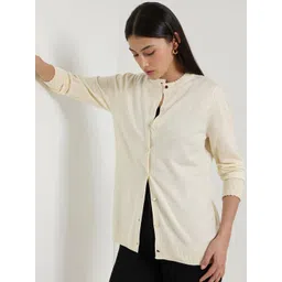 FableStreet Women Solid Round Neck Ribbed Cardigan Sweater image 2