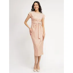 FableStreet Women Striped Tie-Up Midi Dress - Cream-picture-37