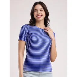 FableStreet Women Striped V-Neck Drop-Shoulder Sleeves Pure Cotton Pockets T-shirt-picture-20