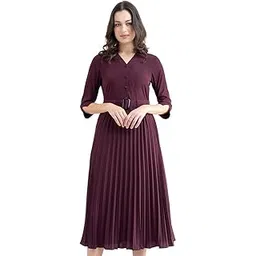 fablestreet Women's Casual A-line Striped Maroon Shirt Dress-picture-11