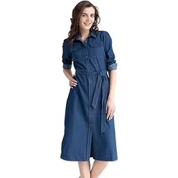 fablestreet Women's Casual Navy Blue Denim Dress-picture-38