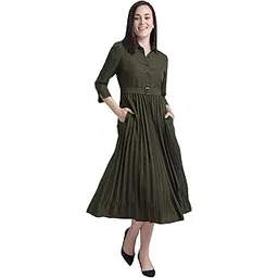 fablestreet Women's Polyester Collared Pleated Fit and Flare Midi Dress - Olive (DR534OLIV)-picture-51