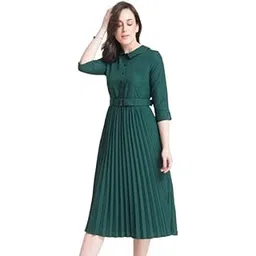 fablestreet Women's Polyester Peter Pan Collar Pleated A Line Midi Dress - Green (DR510GREN)-picture-11