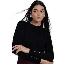 Women Pullover Sweater | Round Neck Long Sleeve Solid Design with Gold Button Detail | Soft Acrylic Fabric for Autumn & Winter Casual Wear-image-4